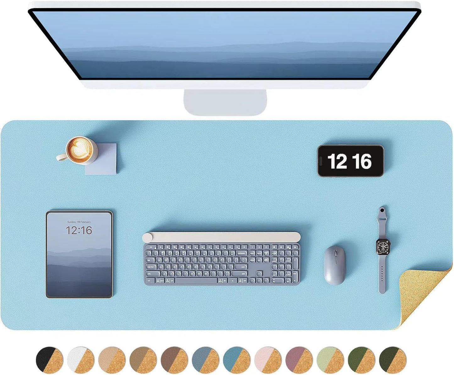 YSAGi Double-Sided Desk Pad, 35.4"x17" Leather Desk Mat, Eco Cork Desk Pad Protector,Large Mouse Pad,Waterproof Desk Blotter for Office/Home (Baby Blue/Cork)