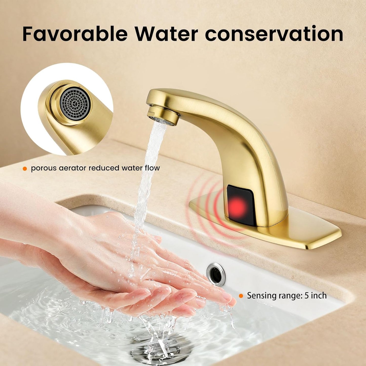 Touchless Bathroom Sink Faucet，Automatic Motion Sensor Faucets with Deck Plate for Commercial Lavatory Gold Plated