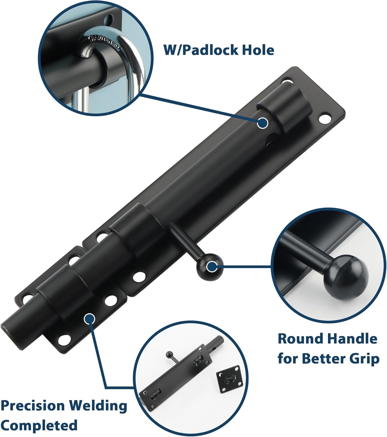 Alise 2 pcs Barrel Bolt Latch,Padlock-Style Slide Bolt Latch, 6 inch Heavy Duty SUS304 Stainless Steel Slide Lock for Wooden Fence,Barn Door,Interior or Outdoor DoorMatte Black