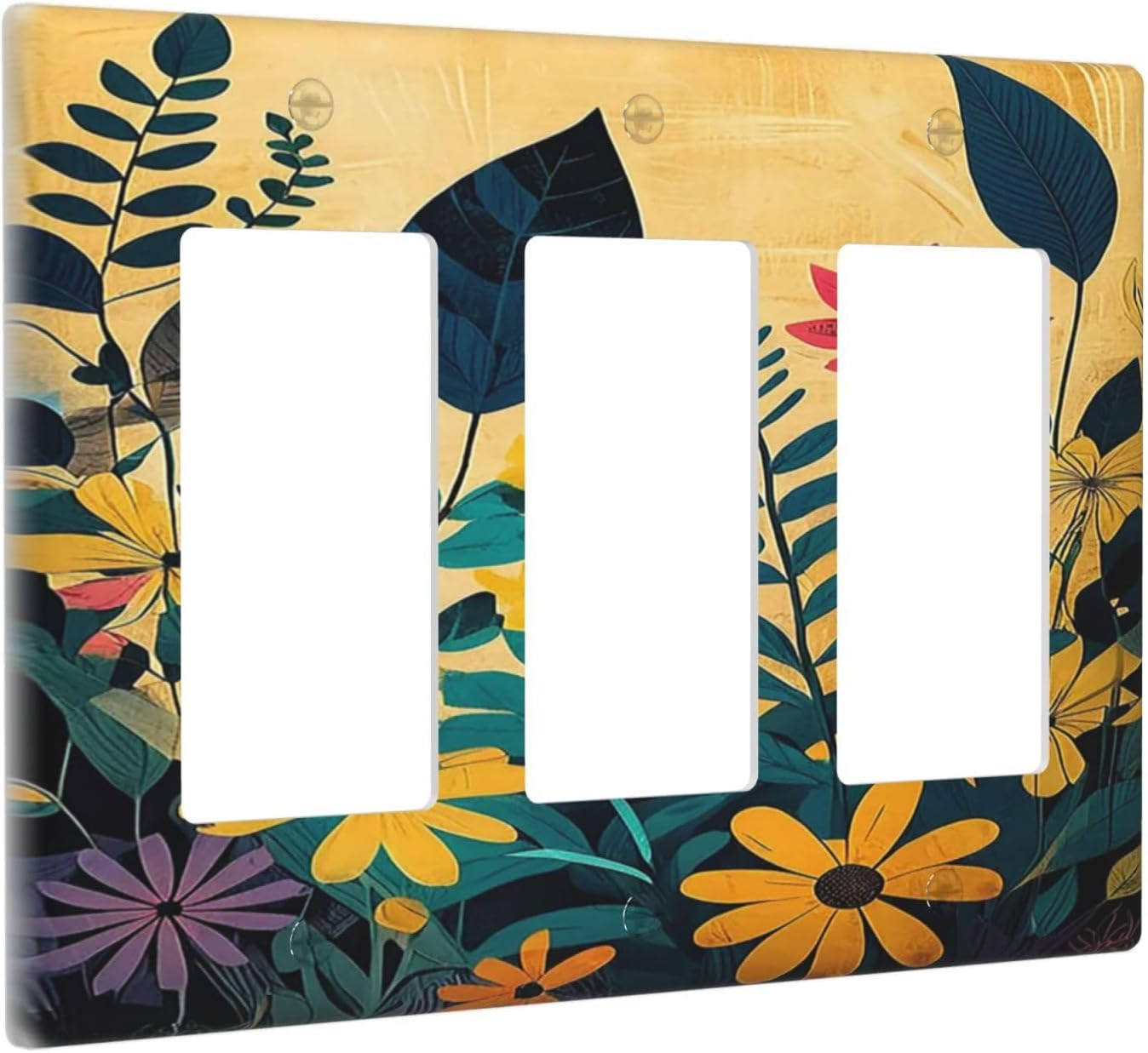Abstract Minimalist Floral Botanical Boho Flower Triple Rocker Light Switch Covers 3 Gang Outlet Cover Wall Plates Decorative Switch Plates Electrical GFCI Faceplate Switchplate 4.49 X 6.38 IN