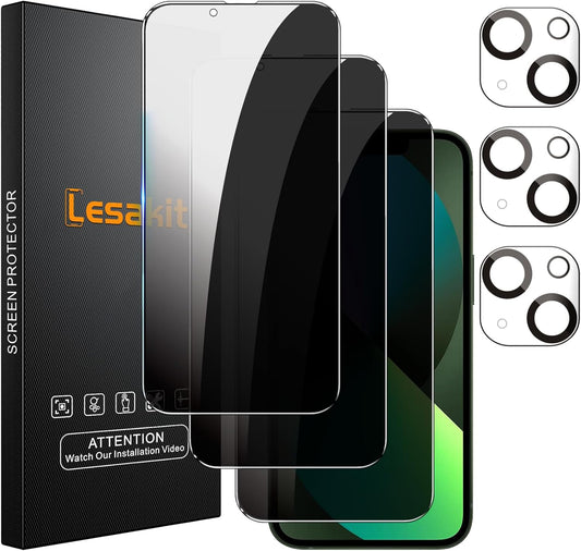 3+3 Pack Privacy Screen Protector for iPhone 13 6.1-Inch with 3 Pack Camera Lens Protector, Anti Spy Tempered Glass Film 9H Hardness Bubble Free Case Friendly