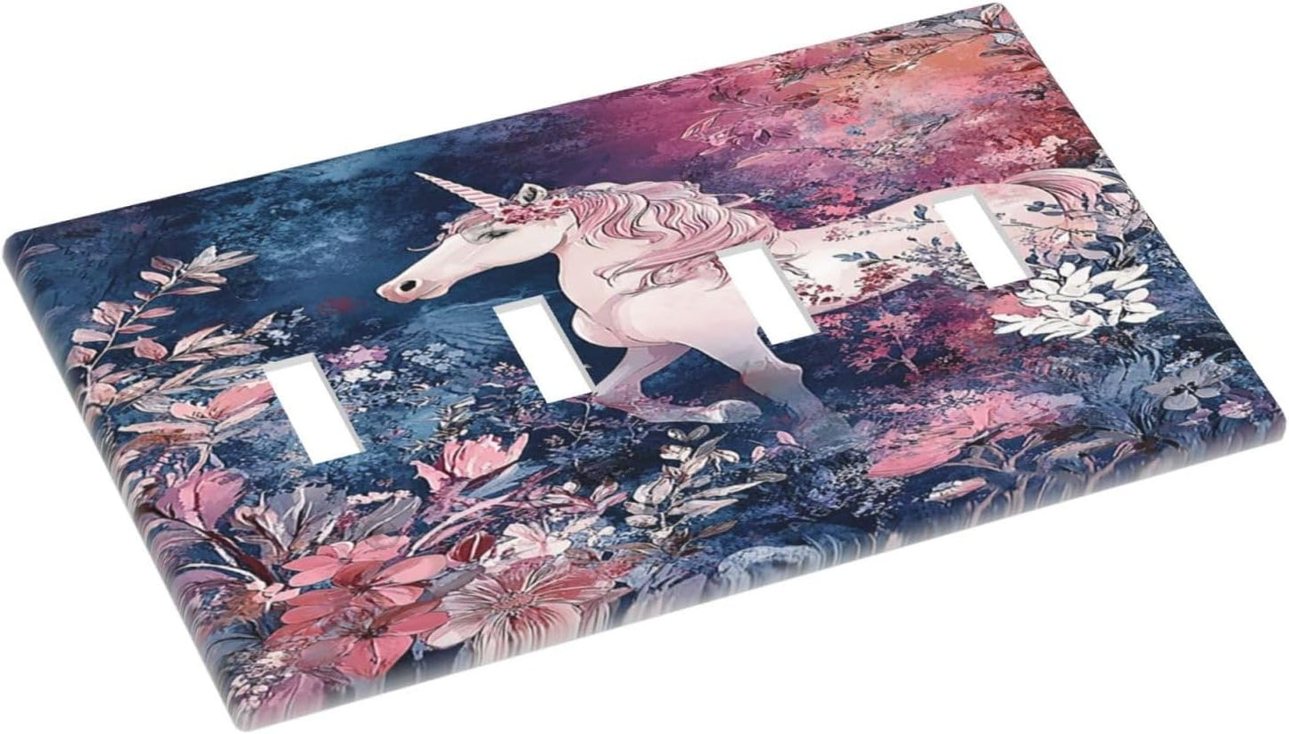 Light Switch Cover Plate Fantastic Pink Unicorn Wildflower Forest 4 Gang Quad Toggle Wall Plate Electrical Outlet Cover Decorative Switch Plate Covers for Bedroom Kids room Decor