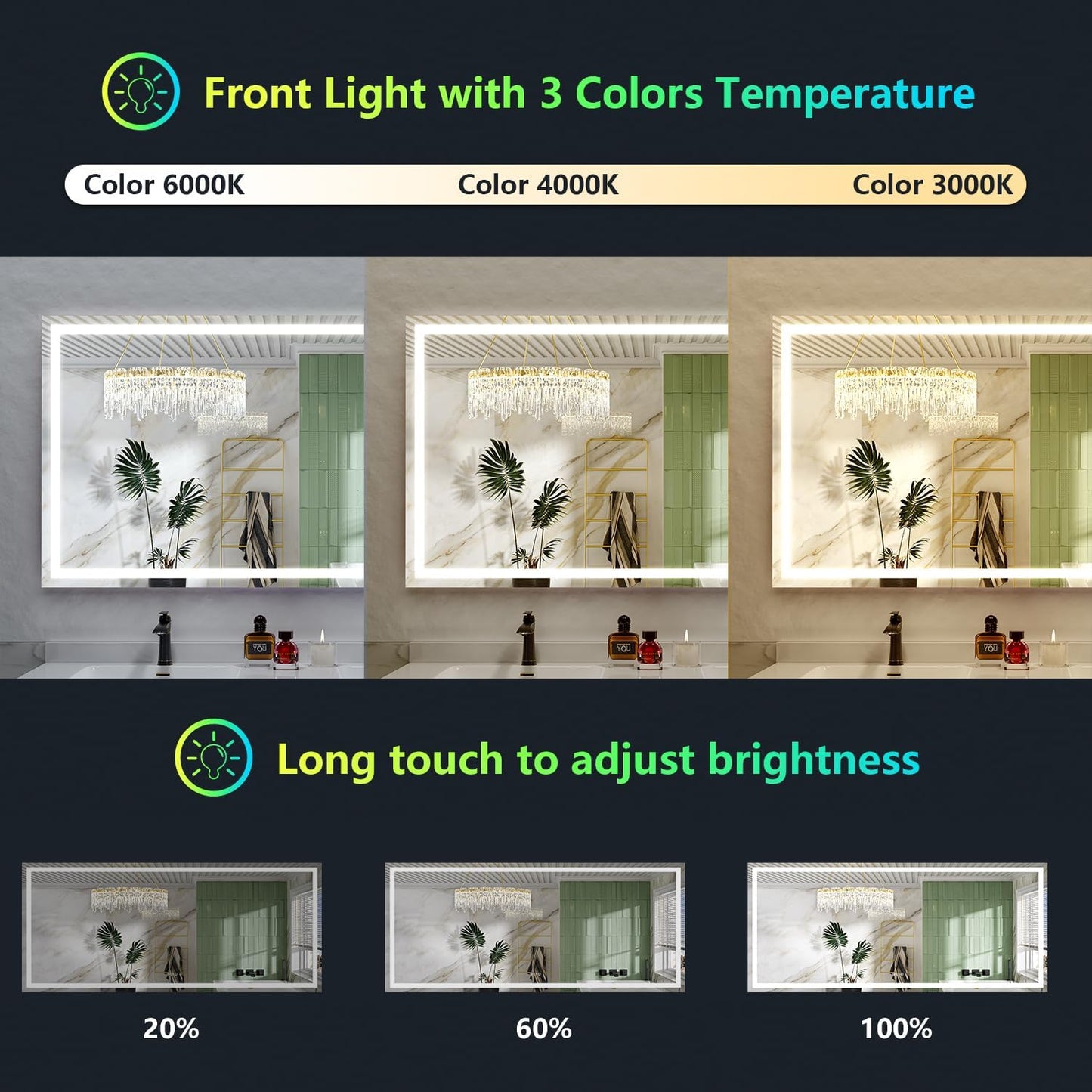 68x38 Inch RGB LED Bathroom Mirror Front Light and RGB Backlit Lighted Vanity Mirror for Bathroom Wall Mounted Dimmable Anti Fog Memory Shatter-Proof IP54 Waterproof Horizontal/Vertical