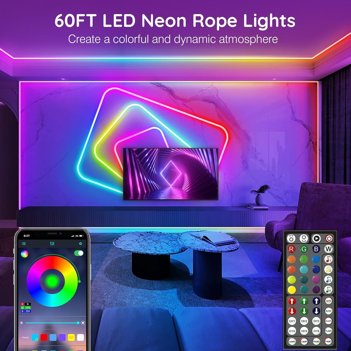 AILBTON 60Ft Neon Rope Lights,Flexible Led Rope Lights Control with App/Remote,Multiple Modes Rope Lights,IP65 Outdoor RGB Led Neons Lights,Music Sync Gaming Led Neon Light Strip for Bedroom Decor