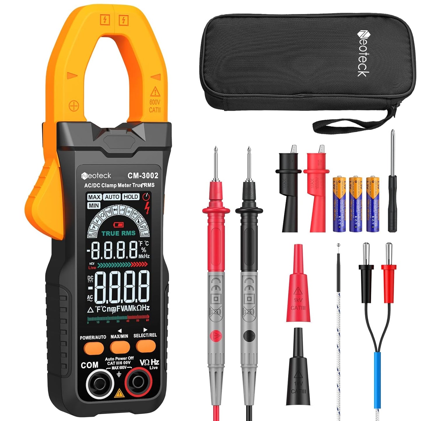 Neoteck Clamp Meter 6000 Counts Clamp Multimeter 800A AC/DC Current Auto Selection Color Screen TRMS Voltage,Capacitance,Continuity,Resistance,NCV,Diode,Frequency for Home,Auto,Industrial,HVAC