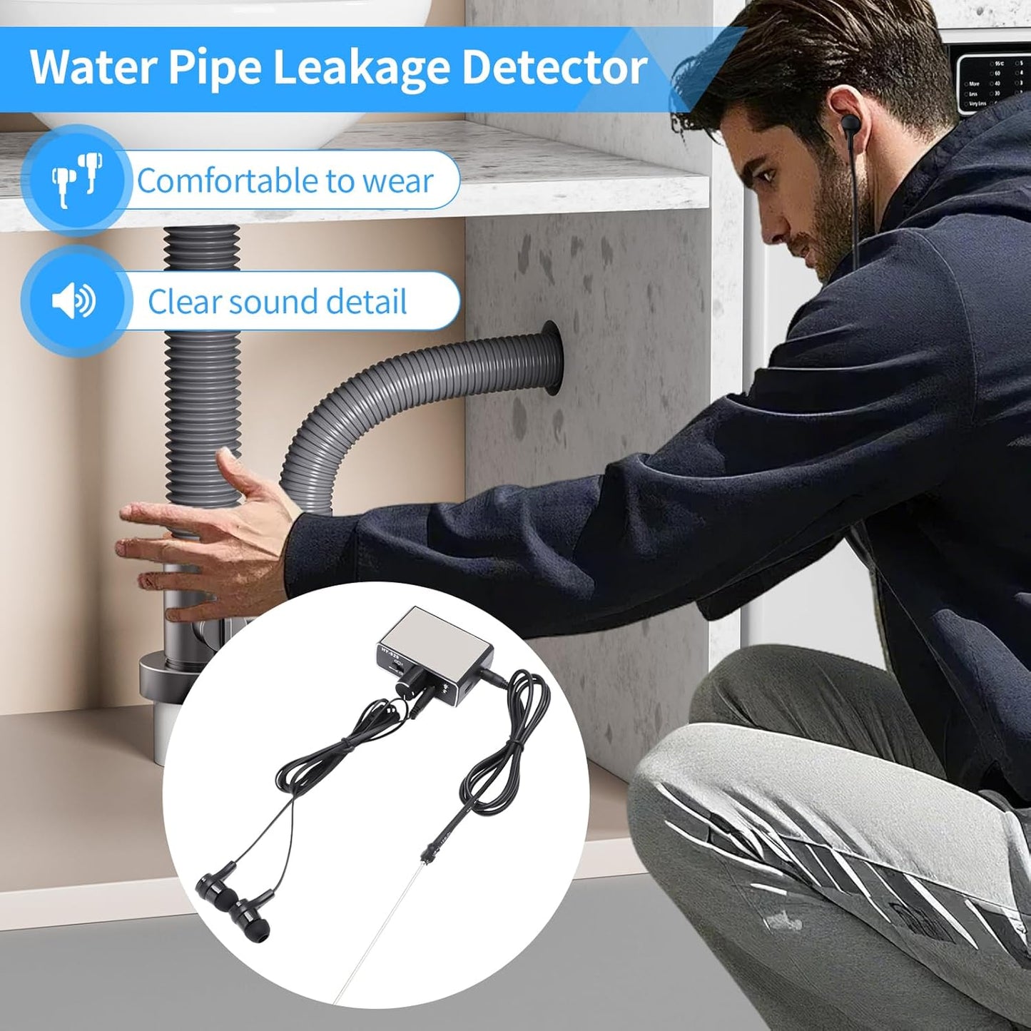 Water Leakage Detector, Underground Water Pipe Leak Detector Monitor with Intelligent High Sensitivity for Site Construction, Car Maintenance and Pipeline Locator