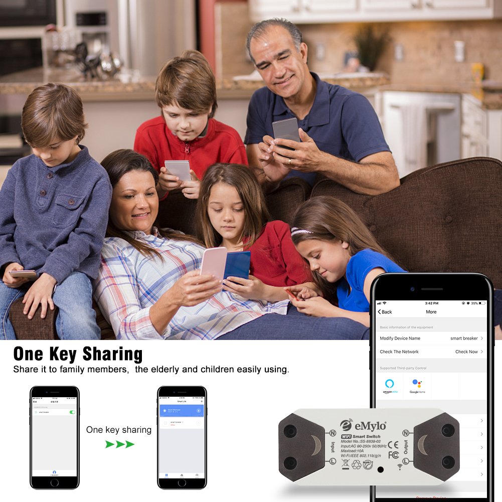eMylo Smart WiFi Light Switch Wireless Relay Switch Module Remote Control Home Automation Timers Compatible with Alexa Echo Google Home iPhone Android App (6 Pack)