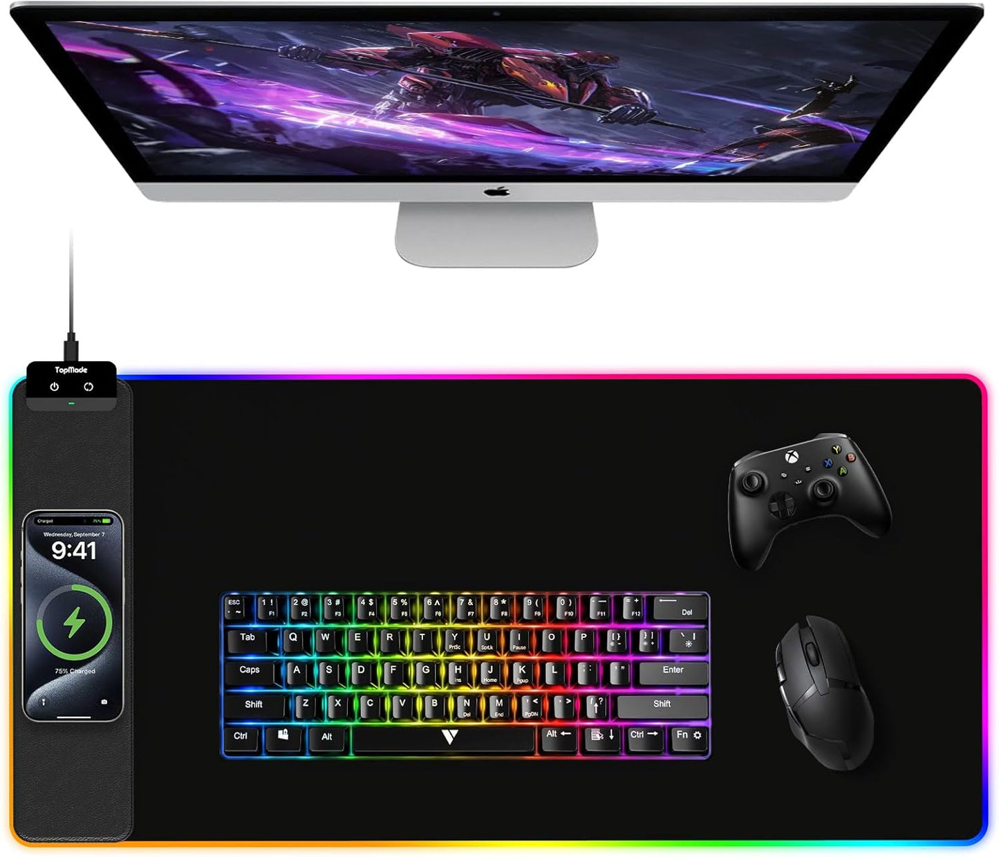 TopMade Mouse Pad with Wireless Charging, 31.5" x 15.75" Large Desk Mat RGB Gaming Mousepad, LED Desk Pad Keyboard Pad with Ultra-Smooth Surface & Non-Slip Rubber Base, Waterproof Desk Pad