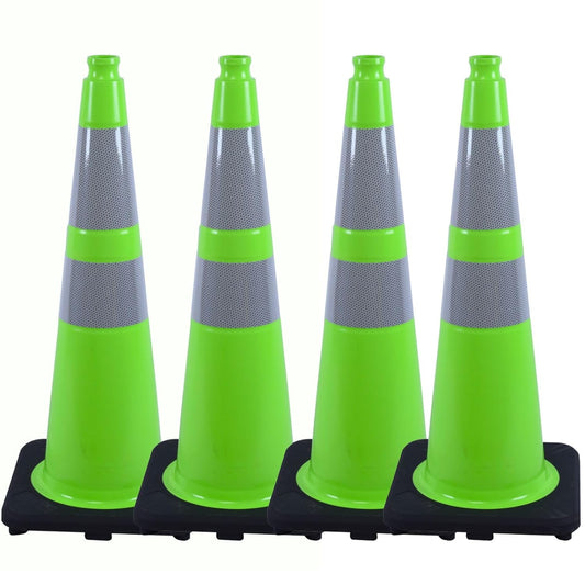 BESEA 4PCS 28" inch Traffic Cones Green Safety Cones with 6 inch & 4inch Reflective Collar for Construction Driveway Road Parking Stopper