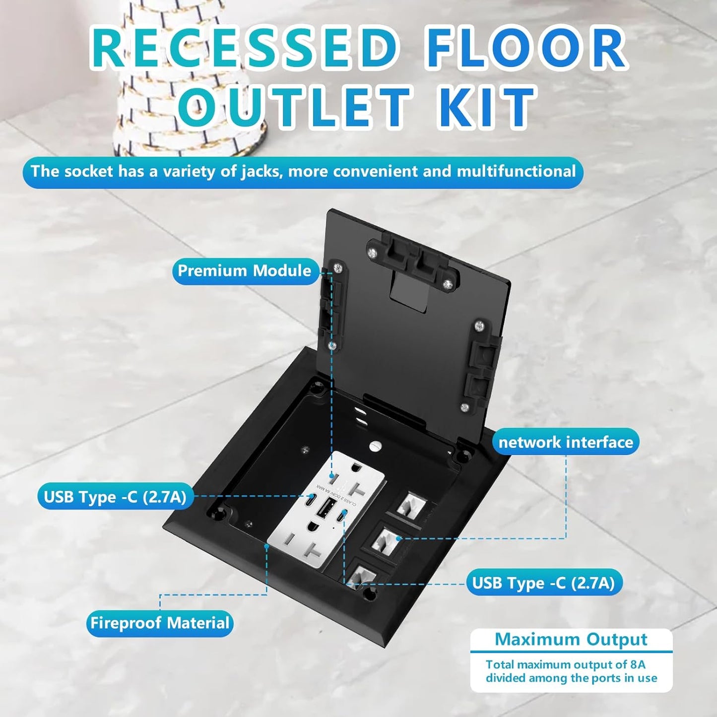 KYHSHJ Recessed Flat Hidden Socket Kit with 2 * 20A Receptacle，8A 1 USB-A Ports &2 USB-C Port+3-Port RJ45 Datacom Receptacle. Internal Height Adjustable，Corrosive Resistant Hardware (Black)