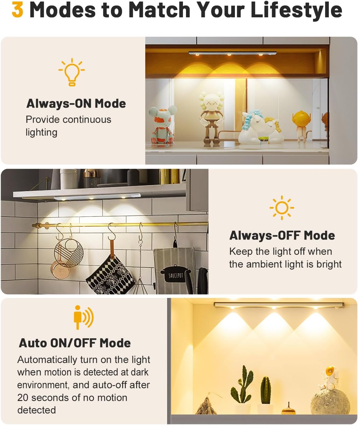 Pak Under Cabinet Lights, Rechargeable Motion Sensor Light Indoor, Wireless and 3-Color Dimmable with Cat’s Eye Hill Effect, for Display Cabinets, Showcases, Wine Racks, 2 Pack, Silver