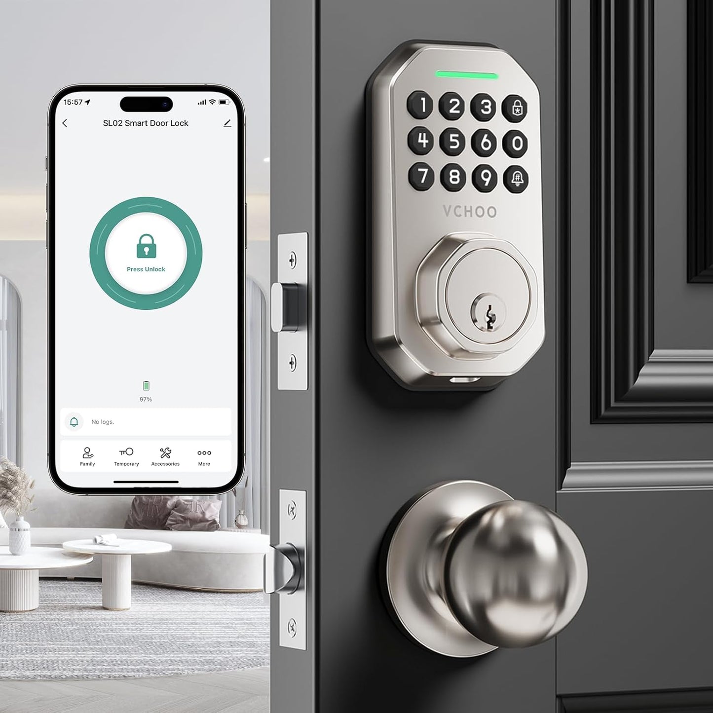 Keyless Entry Door Lock Set Smart Locks for Front Keypad Door Lock with Handle Automatic Lock One Time Password Anti Peeping Password IP54, Satin Nickel