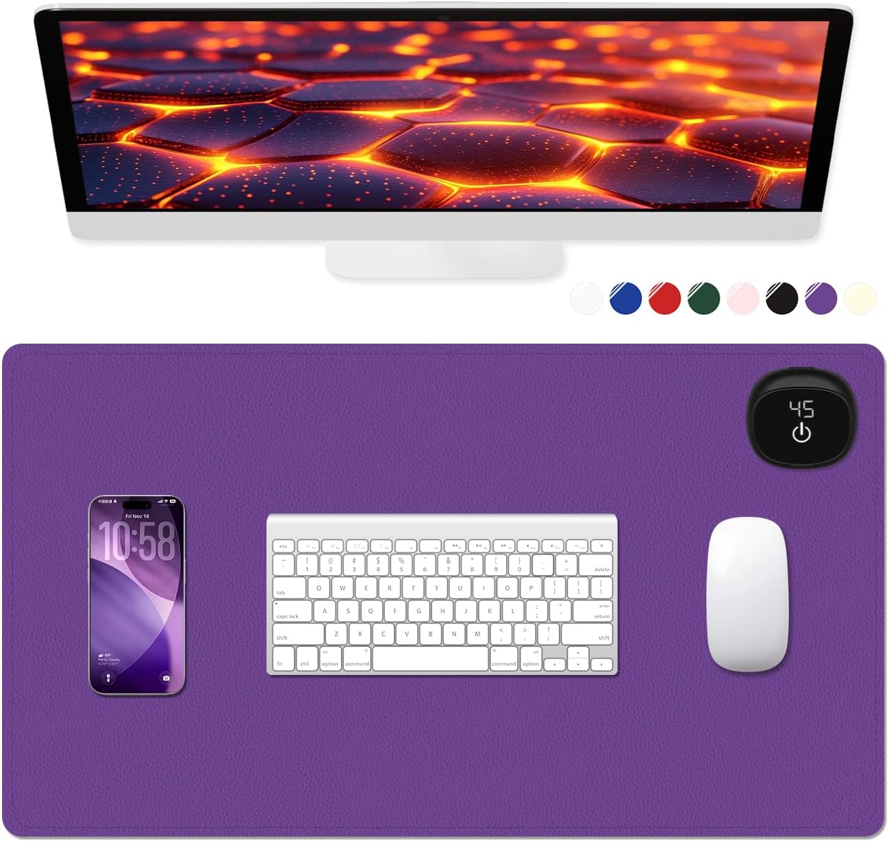 Heated Desk Pad, 23.6" x 14.2" Leather Non-Slip Warm Desk Pad, Large Mouse Mat with 3 Levels Heating & 3 Hours Auto Shut-Off, Hand and Foot Warmer for Office, Home, Purple