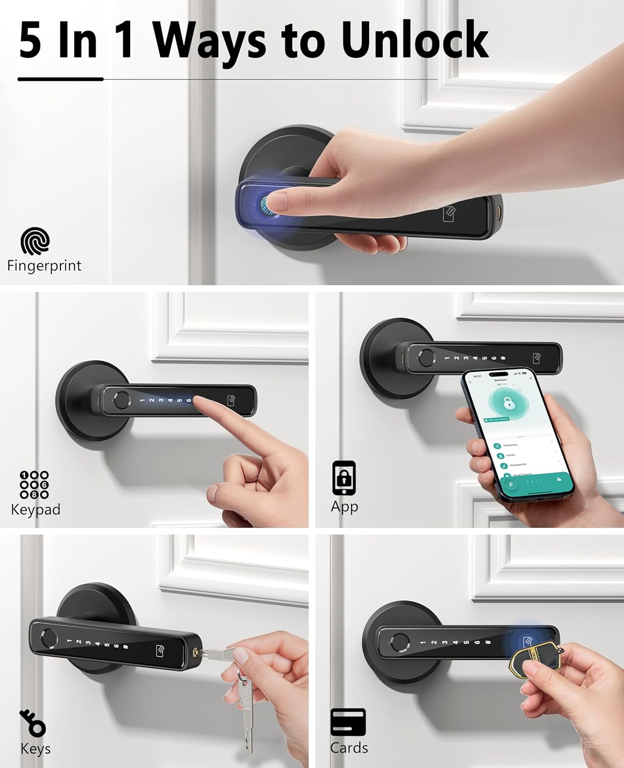 Asidrama Smart Fingerprint Door Lock with Keypad Handle - Keyless Entry via Biometric, APP, Code, Keys & Card for Bedroom, Office, Hotel, Apartment - Black