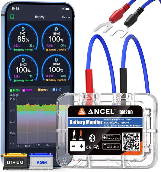 ANCEL BM200 Blue-US Battery Monitor 12V Automotive Bluetooth Auto Battery Load Tester with Cranking Charging Test Alarm Record Voltage History Voltmeter for Car (Blue Version)