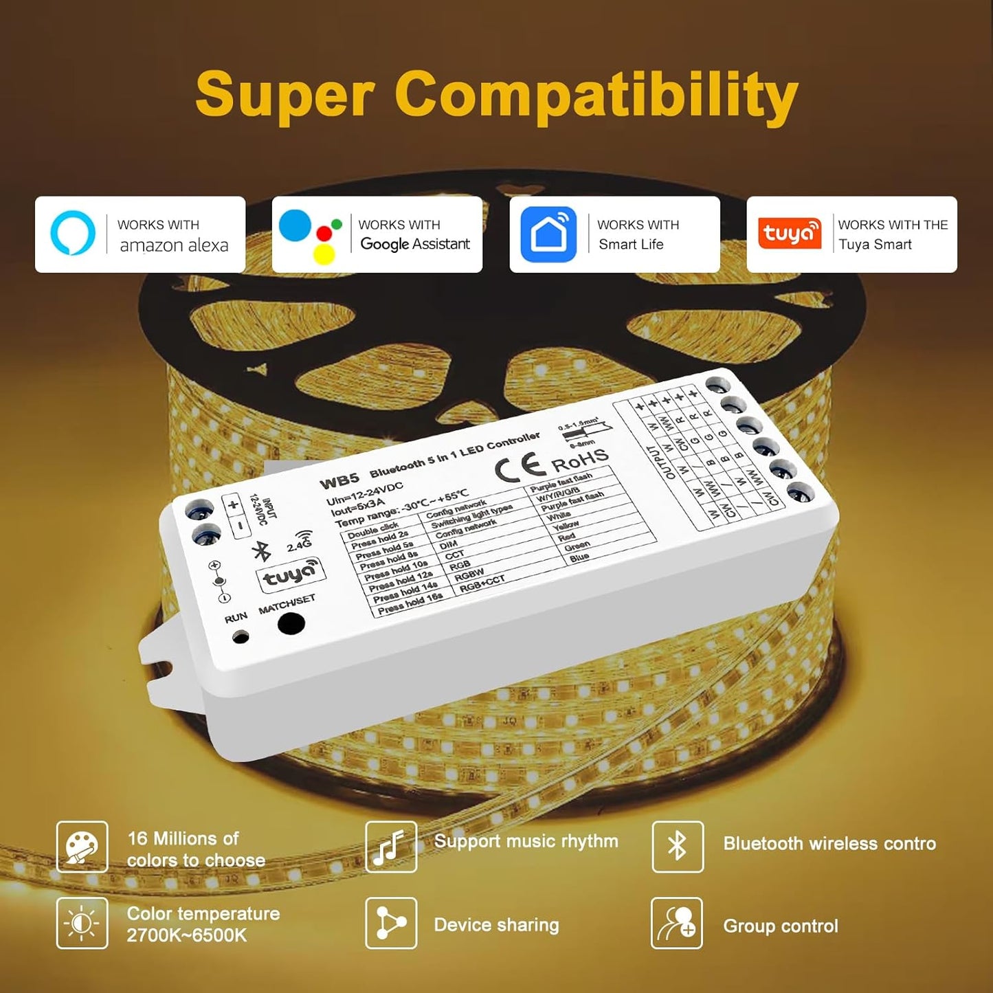 5in1 WB5 LED Controller Bluetooth Control 2.4GHz Dimmable CCT RGB RGBW RGBCCT COB LED Strips - Compatible with Tuya App Echo Alexa Google Home Voice Control