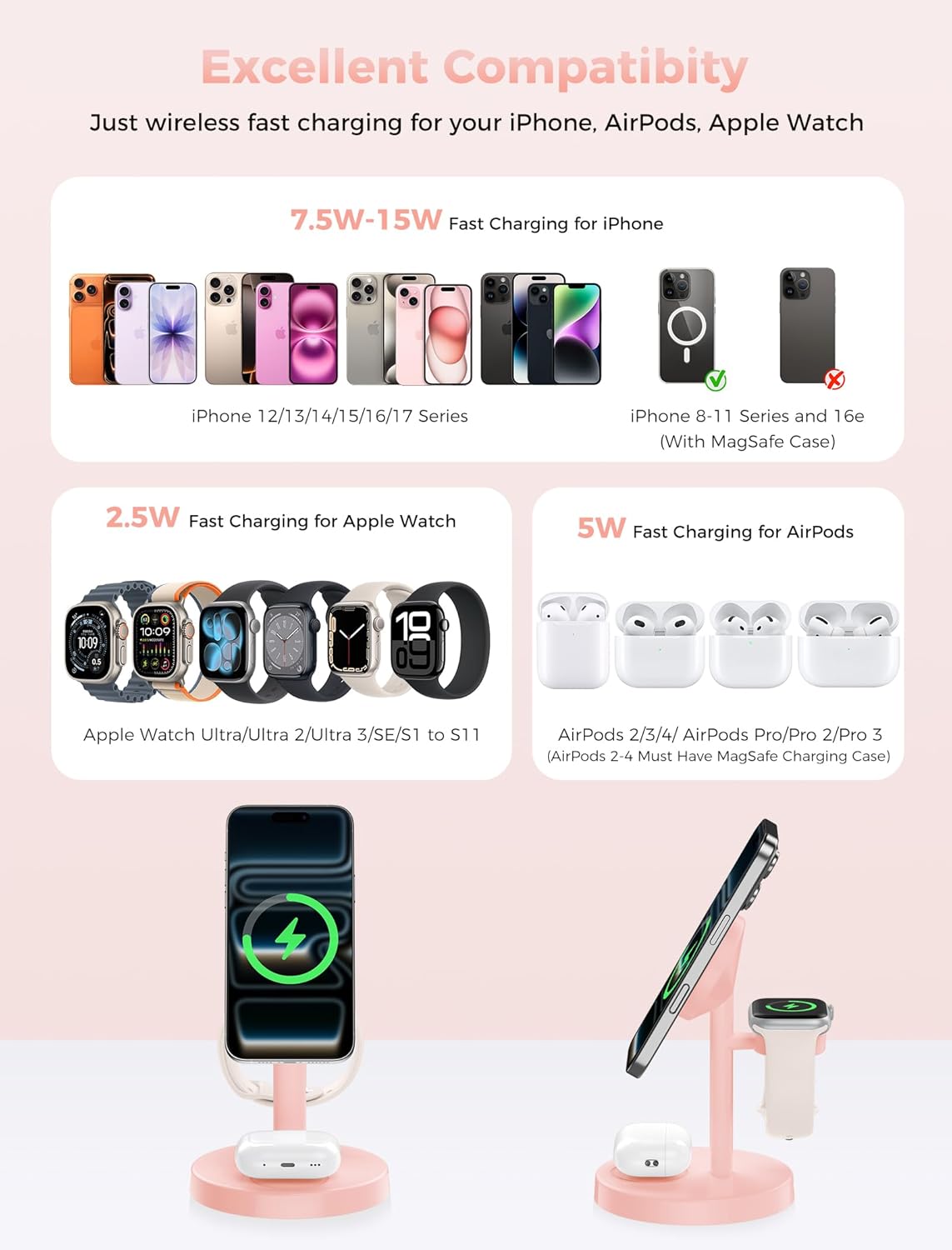 2025 3 in 1 Wireless Charging Station Compatible with MagSafe, 15W Fast Magnetic Mag-Safe Charger Stand for Apple iPhone 17 16 15 14 13 12 iWatch AirPods Pro 4 3 2, Pink