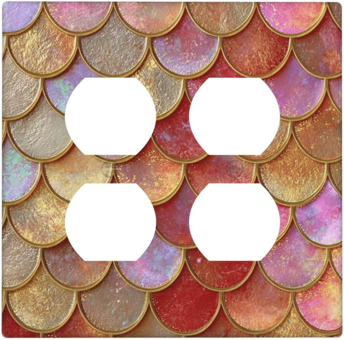 Mermaid Glitter Scale Rainbow Gold Fish Scales Outlet Covers 2 Gang Double Duplex Decorative Light Switch Covers Electrical Wallplates Socket Faceplate for Bed Room Home Decor