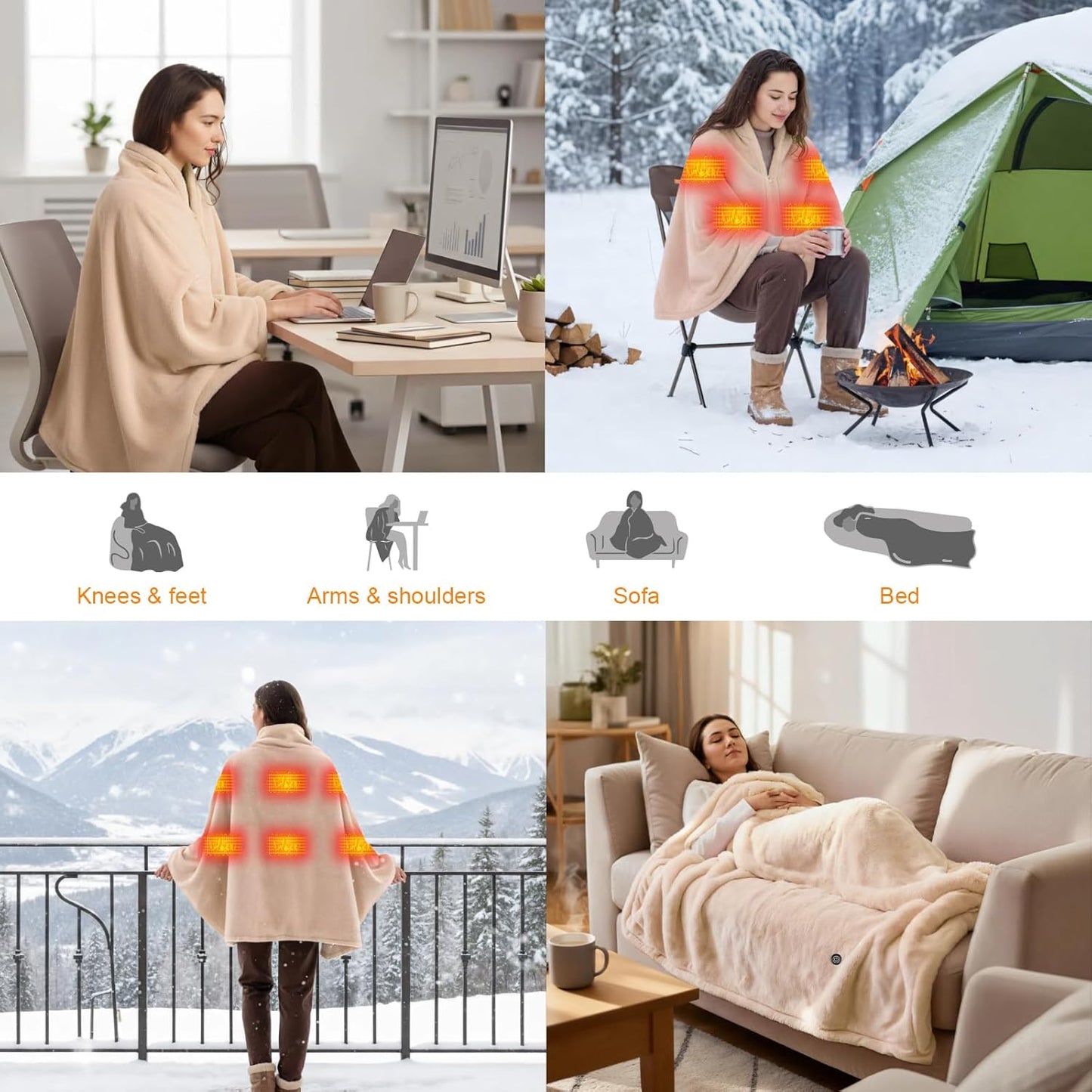 Cordless Heated Blanket Battery Operated with Fleece Lining 7.4V 16000mAh Battery Portable Wearable Heated Shawl for Women Men 6 Heating Zones 3 Fast-Heating Levels (Battery Included)