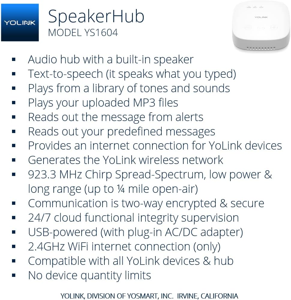 YoLink SpeakerHub & Three Water Leak Sensors Starter Kit – Plays Tones/Sounds, Spoken Messages, LoRa-Powered ¼ Mile Range, App Alert, Emails, SMS/Text, IFTTT