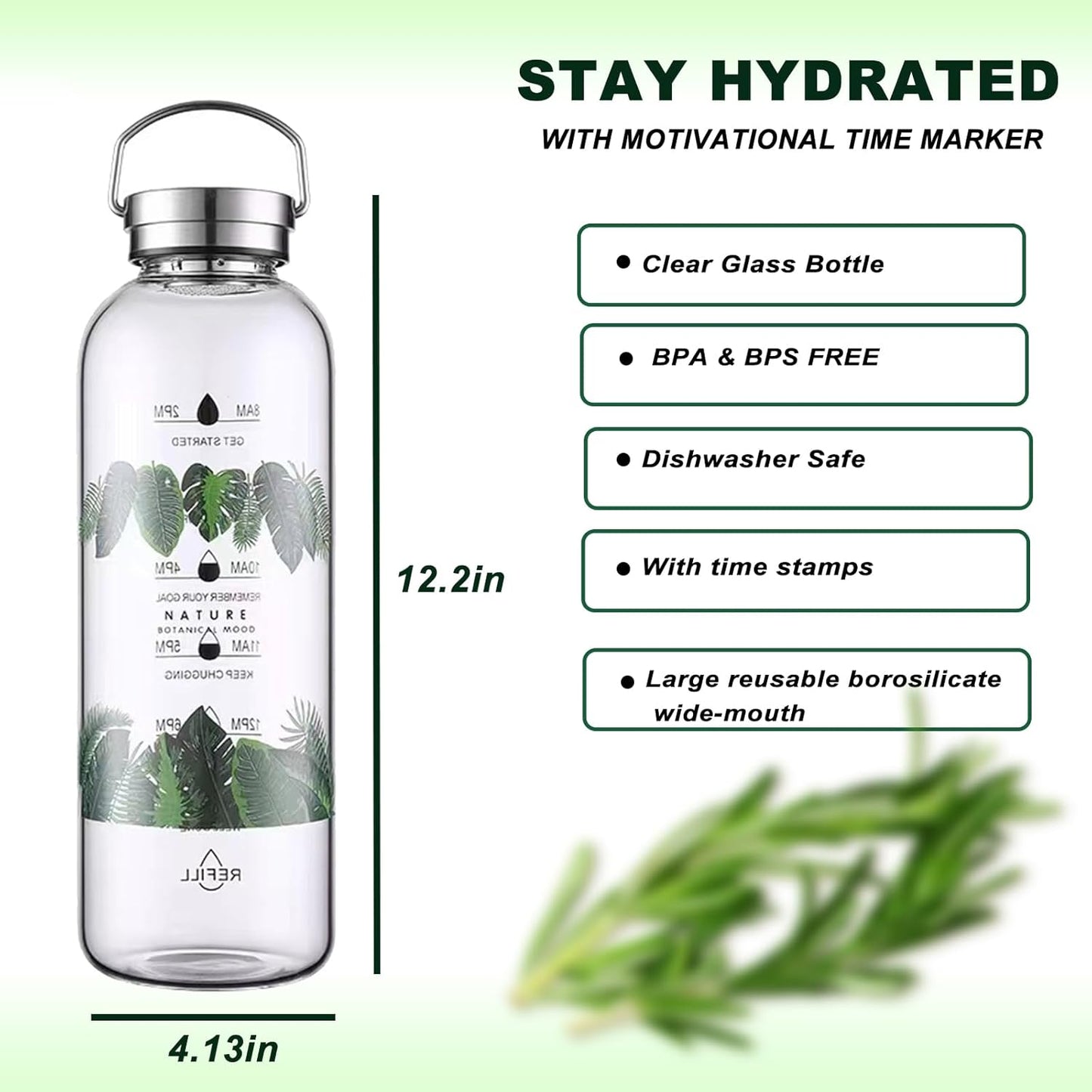 2 Liter Large Glass Water Bottle with Motivational Daily Water Intake Marks,Drinking Bottle,64 oz Resuable Wide Mouth Glass Bottles with Handle Sleeve, BPA Free for Gym/Office (Slivery Lid)