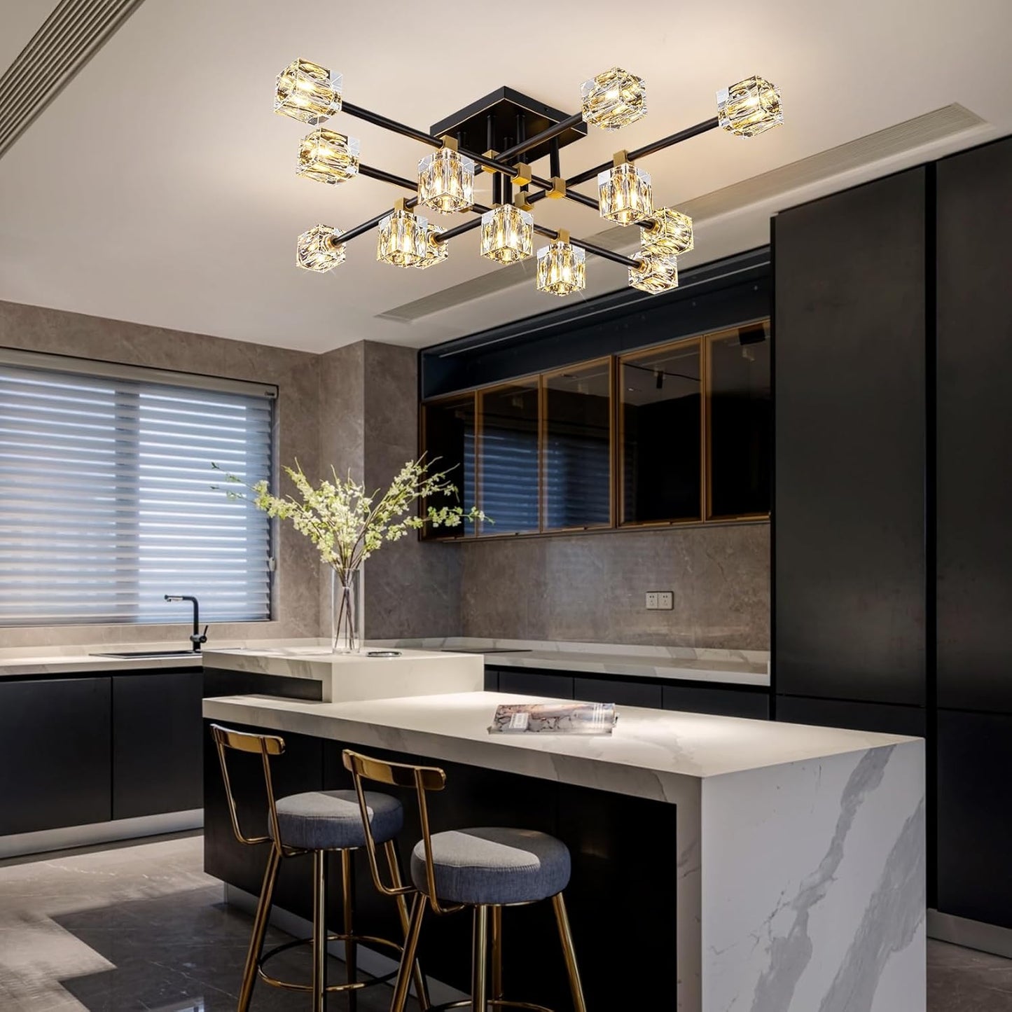 Crystal Ceiling Light Fixture with 13-Lights,Black and Gold Semi Flush Mount Ceiling Light,Modern Chandelier for Kitchen Island,Living Room,Bedroom,Dining Room