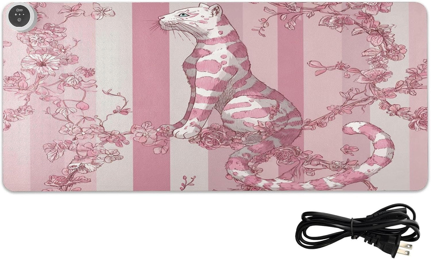 Heated Desk Pad Mouse Pad 31.5x13 Inch PU Leather Desk Mat with 3 Heat Levels Large Mouse Gaming Computer Laptop Mat Pink Leopard Stripes Floral