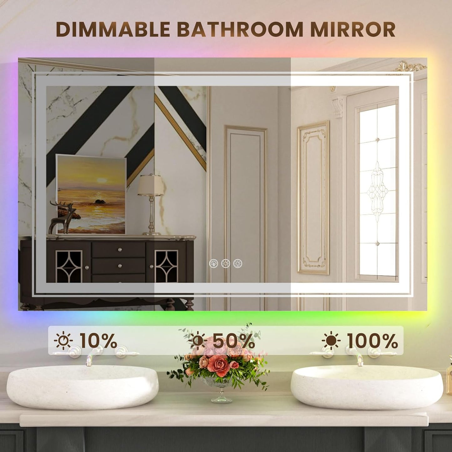 WTTY LED Bathroom Mirror 48"x40" with RGB Backlit and Front Light,Stepless Dimmable LED Mirror for Bathroom,Colored Lighted Bathroom Vanity Mirror,Anti-Fog,Memory Function,Shatter-Proof