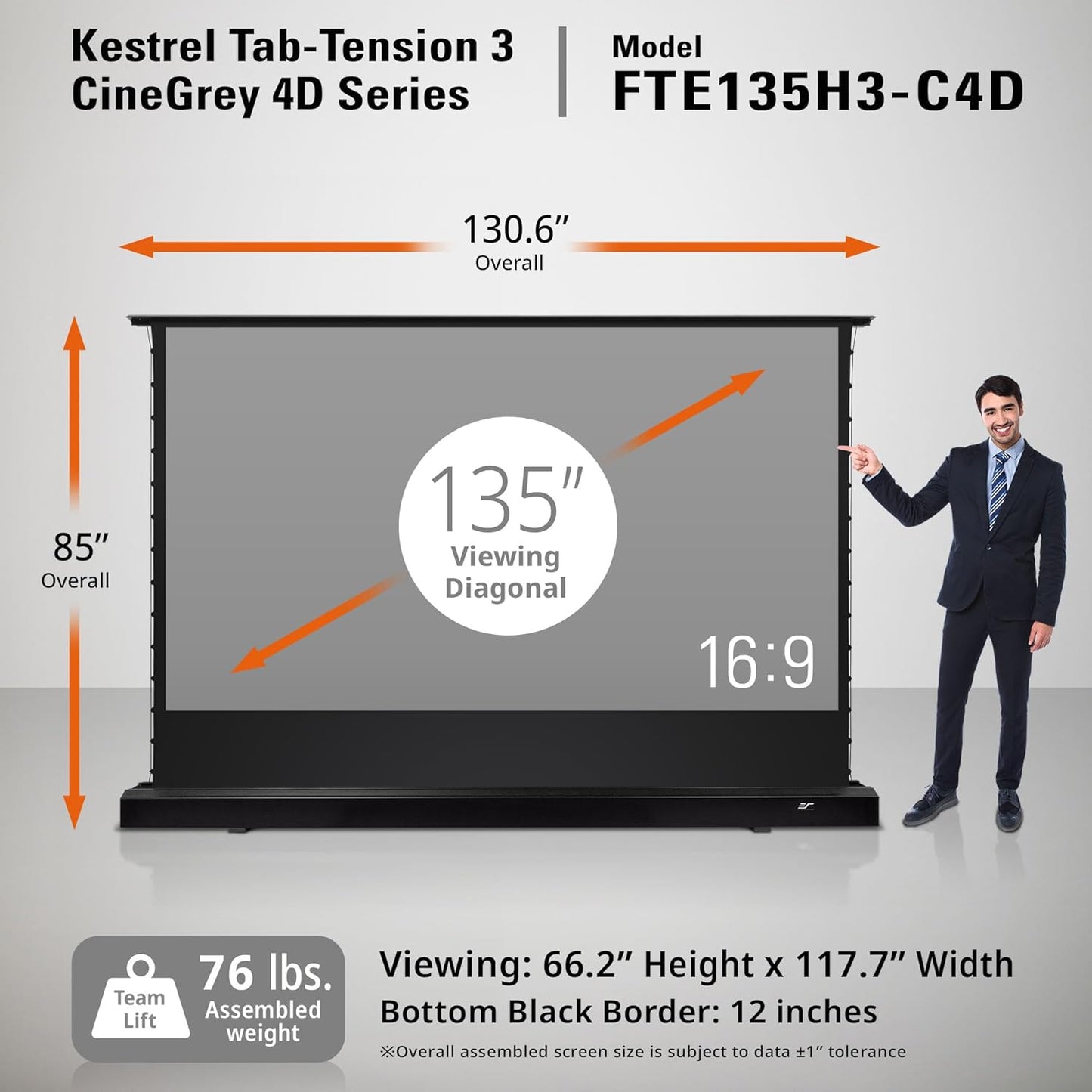 Elite Screens Kestrel Tab-Tension Pro CineGrey 4D, 135" Diag., 16:9 Aspect Ratio, ISF Certified 4K/8K Ultra HD Electric Floor-Rising Motorized Tab-Tensioned Front Projector Screen, FTE135H3-C4D