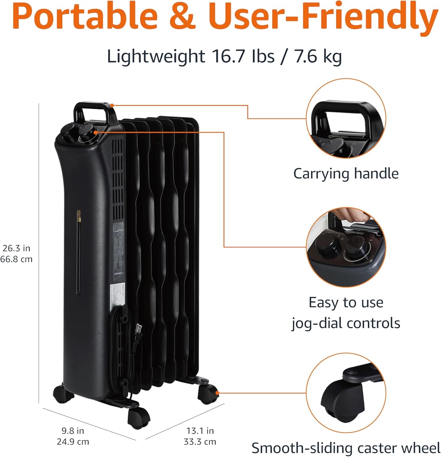 Amazon Basics Oil Space Heater, Portable Radiator Heater with 7 Oil-Filled Fins for Indoor Use, 3 Heat Settings, Thermostat, Tip-Over Protection, ETL Safety Certificate, Manual Control, 1500W, Black