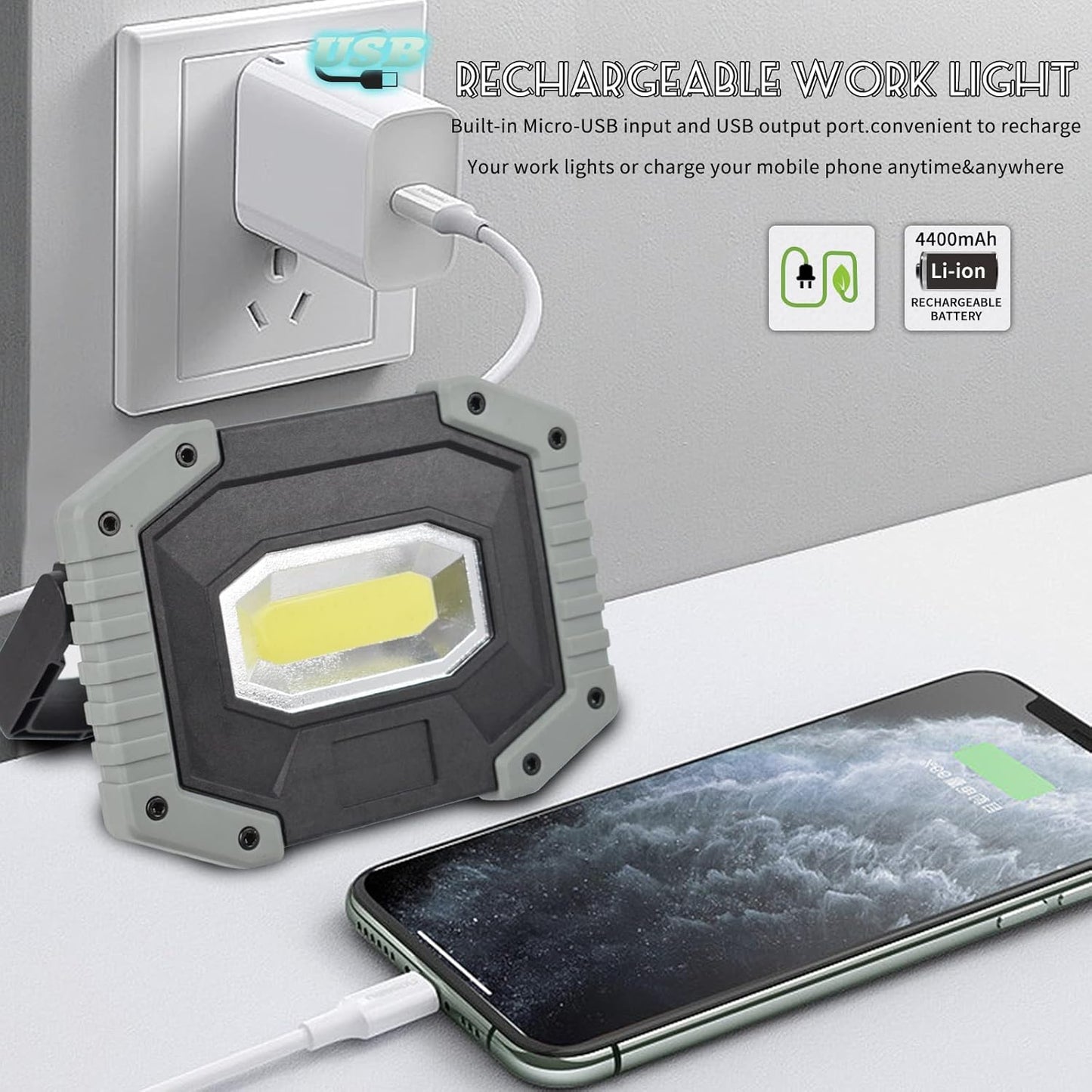 OTYTY LED Work Light 2-Pack, 30W 1500LM Portable Rechargeable Flood Lights with Magnetic Base, 4200mAh Battery for Outdoor, Camping, Hiking, Emergency, Car Repairing, Job Site Lighting (W841 Grey)
