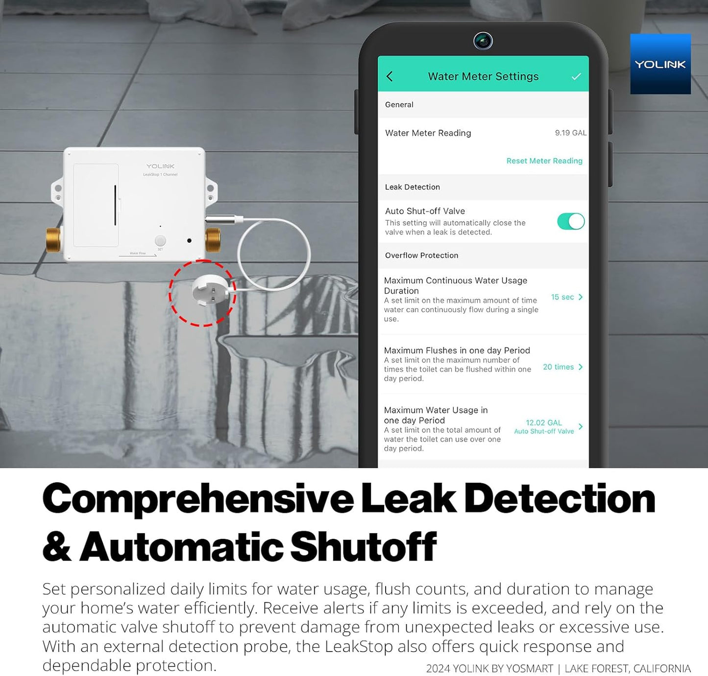 YoLink LeakStop 1-Channel for Toilets/Sinks, Auto Shutoff Valve & Leak Detector, Real-Time Monitoring, LoRa Long-Range, 2 AA Up to 5-Year Battery, App/SMS/Email Alerts – Hub Included