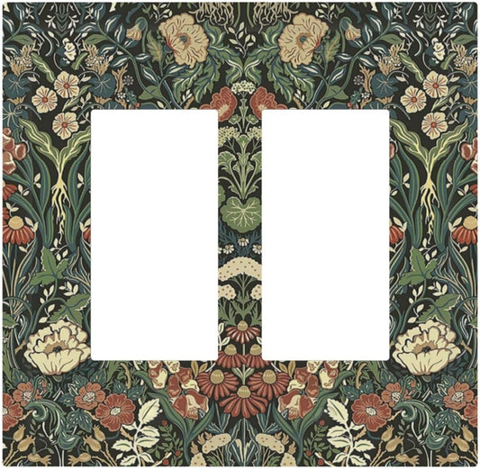 Decorative Outlet Covers Vintage Dark Floral William Morris Green Flower 2 Gang Double GFCI Rocker Electrical Wall Panels Light Switch Cover Plate for living Room Home Decor