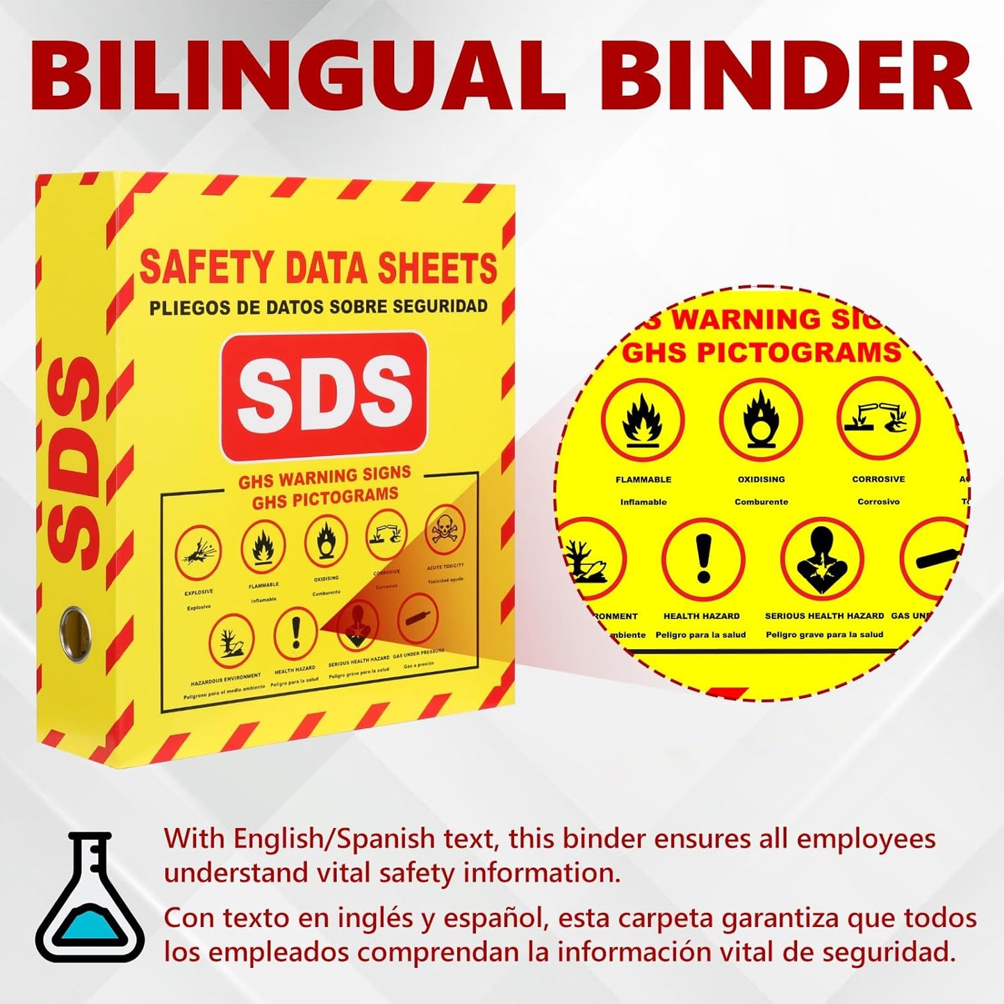 SDS MSDS Binder and Wall Station Bilingual Yellow 2 Inch Safety Data Sheet 3 Ring Binder with SDS Wire Rack Chain Self-tapping Screws SDS Station Sign Wall Mounted for Workplace English Spanish
