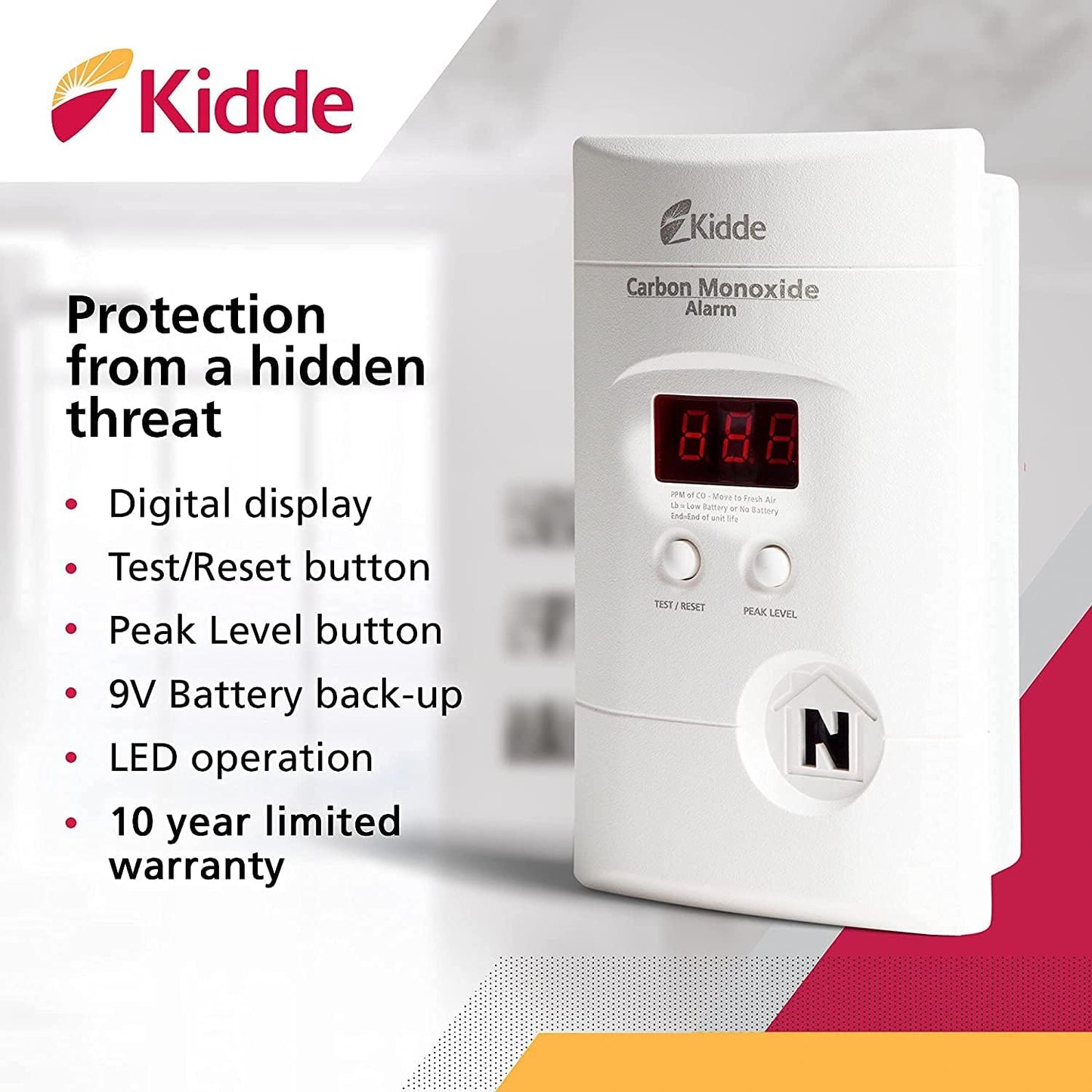 Kidde Carbon Monoxide Detector, Plug In Wall with 9-Volt Battery Backup, Digital LED Display - 4 Pack