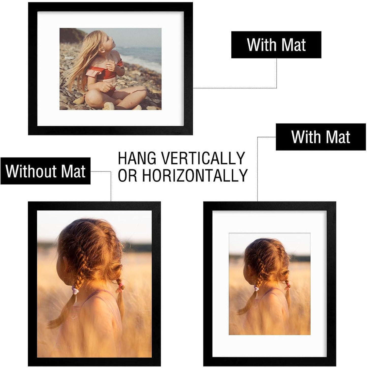 Golden State Art, 11x14 Picture Frame with Mat for 8x10 - High Definition Glass Wall Mounting Horizontal Vertical Display (Black, 1 Pack)