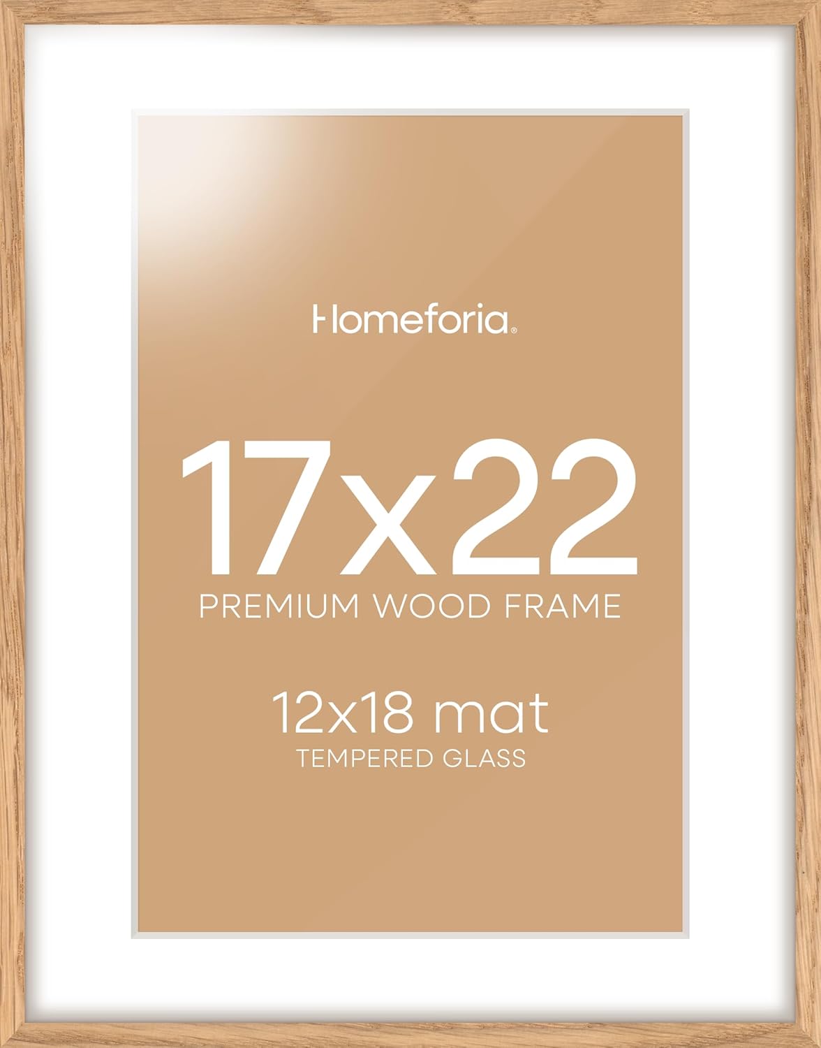 Homeforia 17x22 Picture Frame Natural Wood, High End Oak 17x22 Light Wooden Poster Frame with Mat 12x18, 17 x 22 Frames Matted to 12 x 18 Photo, 22x17 Hanging Frame, Tempered Glass, Wall Kit, Set of 1