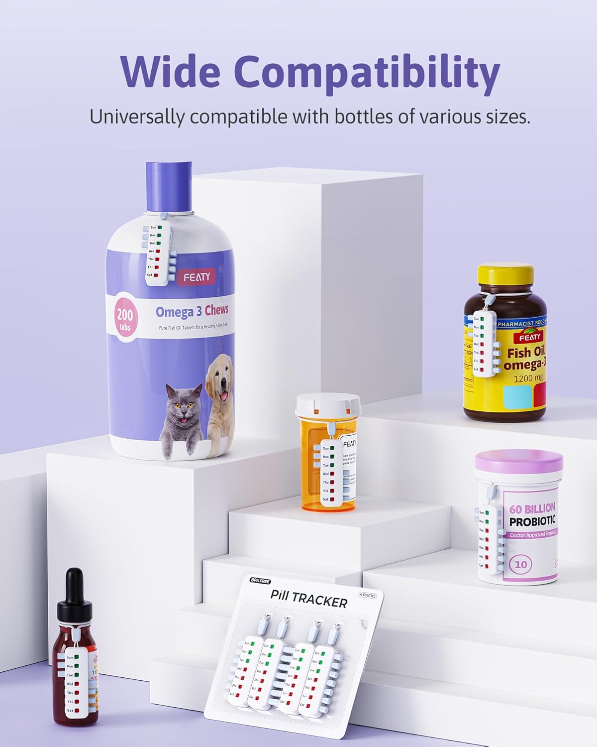 FEATY Pill Reminder for Meds Bottles, Arthritis-Friendly Pill Tracker with Anti-Slide Design, Reusable Medication Tracker for Pet Meds Without Filling, Compact Medication Reminder, 4 Packs