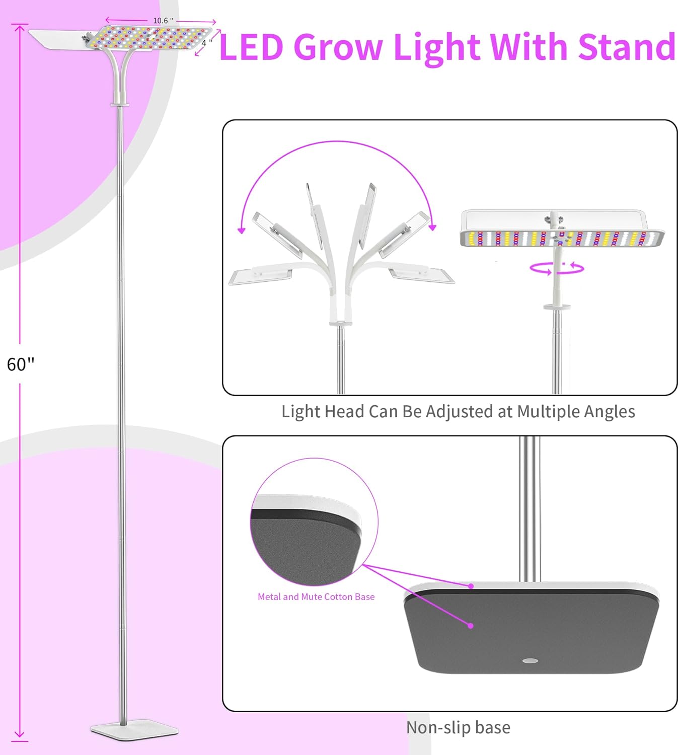 KINGPLUS Grow Lights with Stand, Double Head, Full Spectrum LED Grow Light for Indoor Plants, 240 Leds, 4 Dimmable Levels, Timer 4/8/12h, 12-60inches Height Adjustable, 36w, Ideal for Desk Small Plant