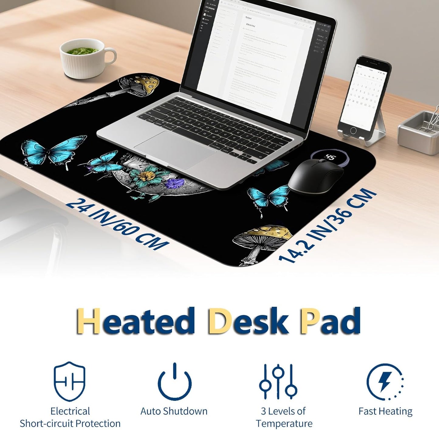 Heated Mouse Pad with 3 Temperature Settings(104°F–122°F),Large 24x14.2 Inch PU Leather Heated Desk Mat,Waterproof Warming Pad for Office,Gaming & Cold Hands Relief,Skeleton Moon Mushroom