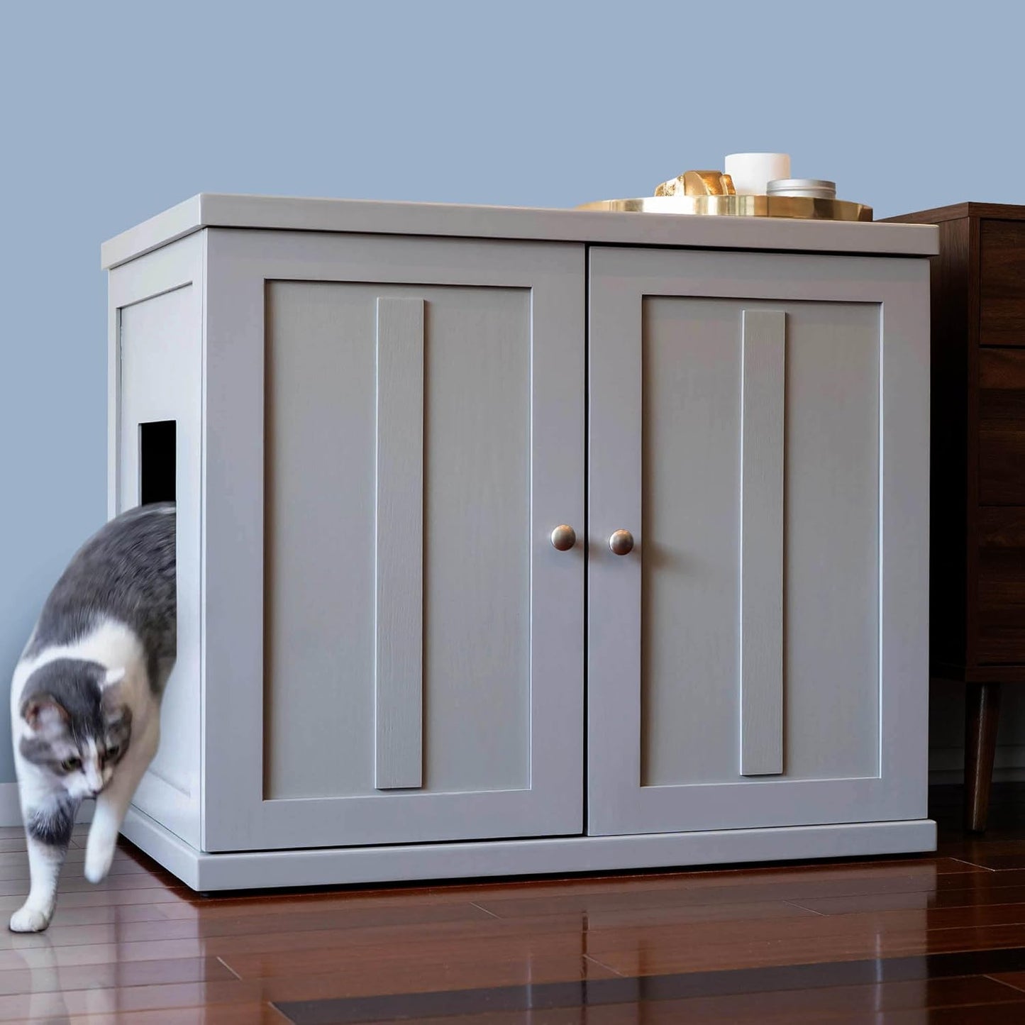 The Refined Feline Cat Litter Box Enclosure Cabinet, Shaker, Smoke Gray, Adjustable Levelers, XLarge, Hidden Litter Cat Furniture with Drawer