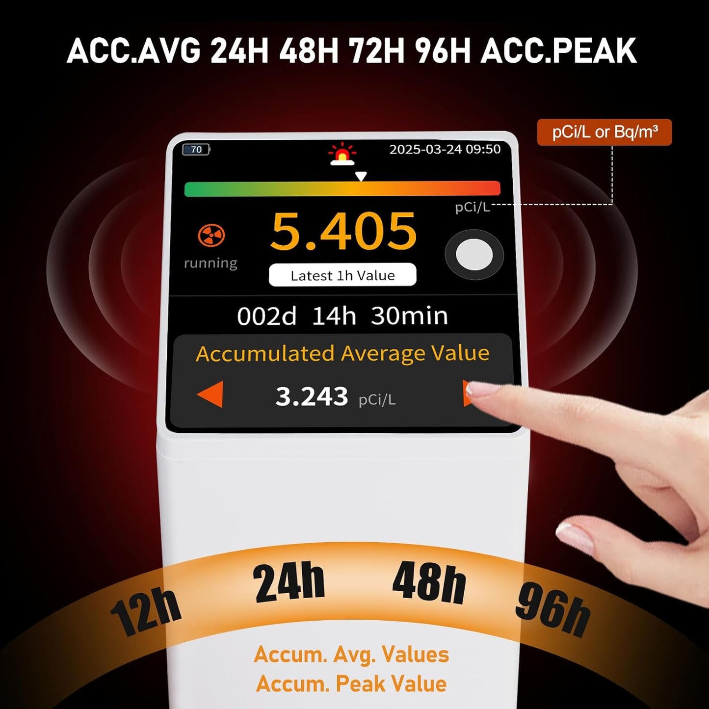 RM-73 Radon Detector, Home Radon Monitor with Touchscreen LCD Color Display, Radon Detector for Home Basement Audible & Visual Alarms, Historical Records, Long Term Monitoring Detector, pCi/L or Bq/m³