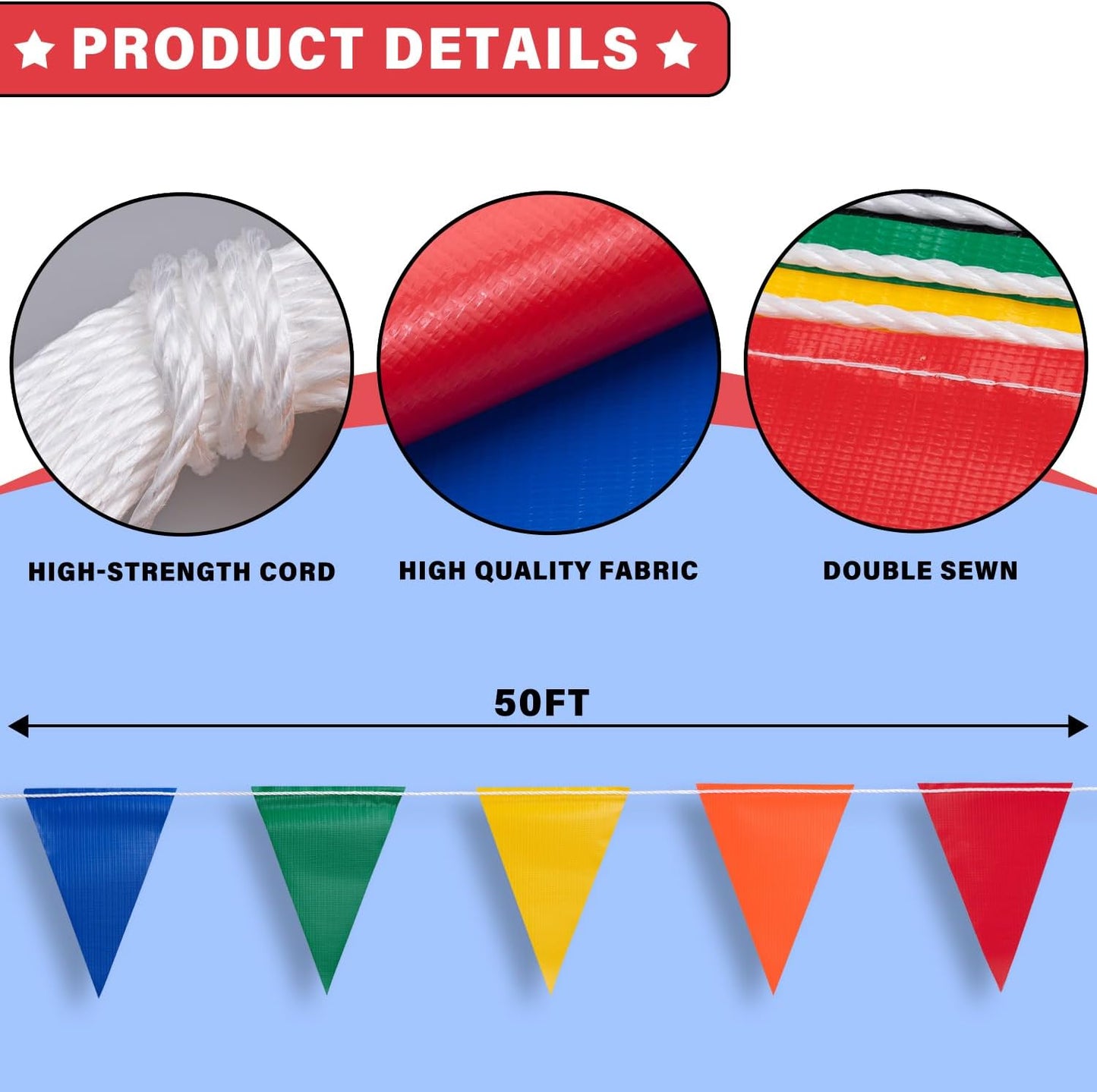50ft Pennant Banner Flags, 7"x10" Fluorescent Multicolor Safety Flagging Warning Banner for Construction Site/Traffic Control/Boundary Barrier Signs, Perimeter Marking Flags on String, 25 Pcs