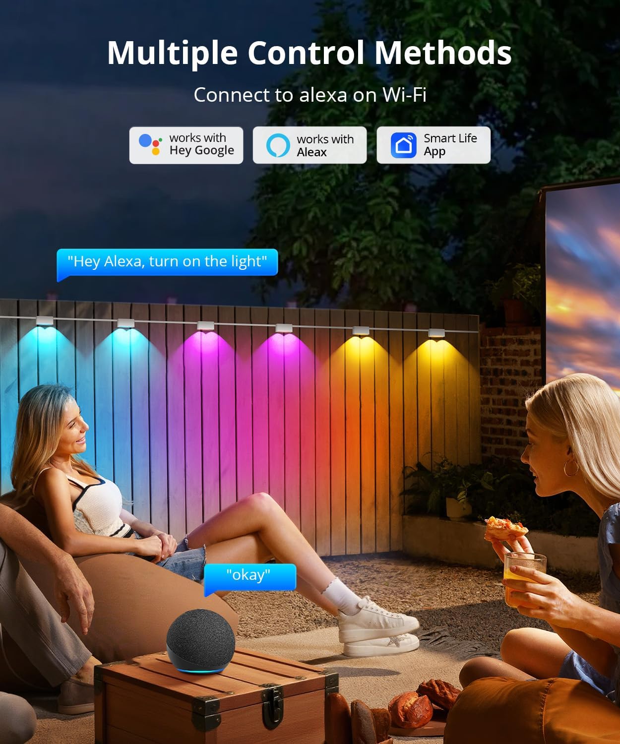 Outdoor Deck Lights 24 Packs, Smart RGBCW Fence Light, 100+ Scene Modes, Dual Lens LED String Lights with APP/Voice/Remote Control, IP65 Waterproof for Halloween Christmas Decor, 157ft White