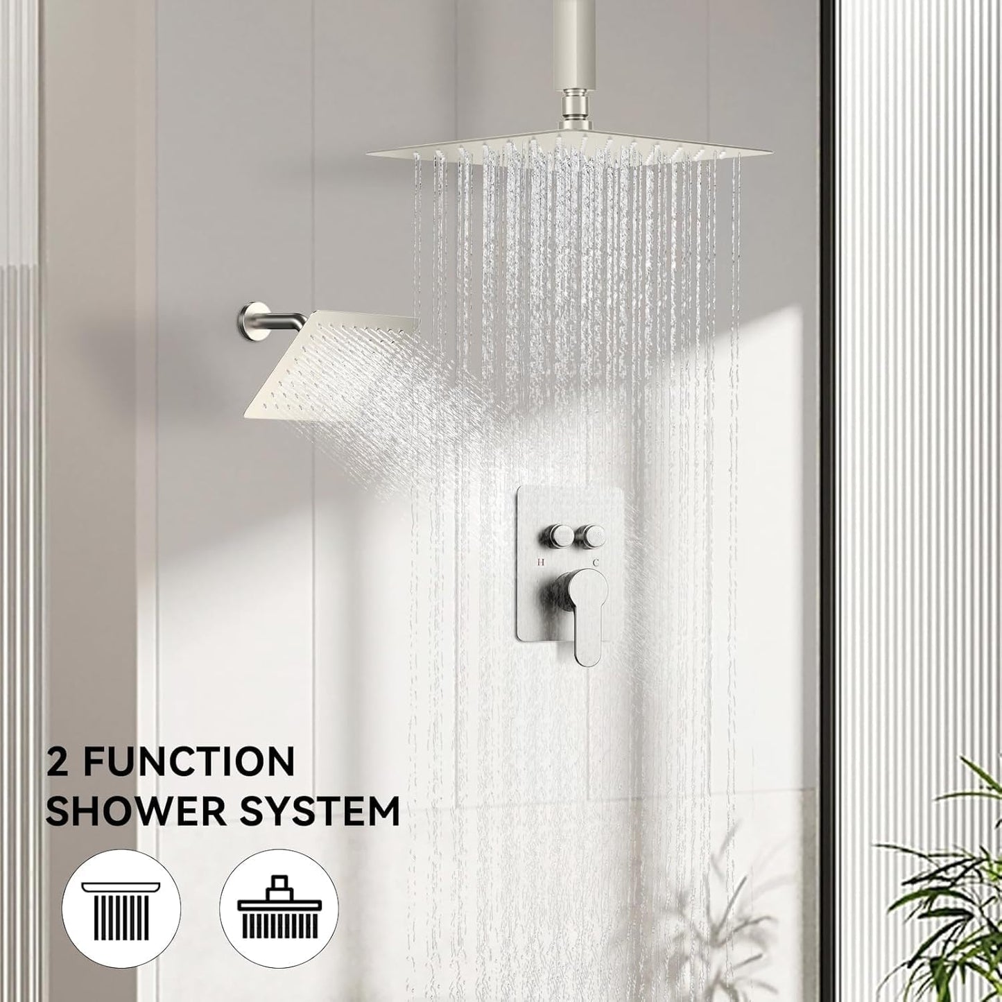 Shower Faucets Sets Shower System Brushed Nickel, STARBATH 12" Ceiling Mount Rain Showerhead and 8" Wall Mounted Rainfall Shower for Couples, On Off Button Valve Dual Head Shower Systems Complete