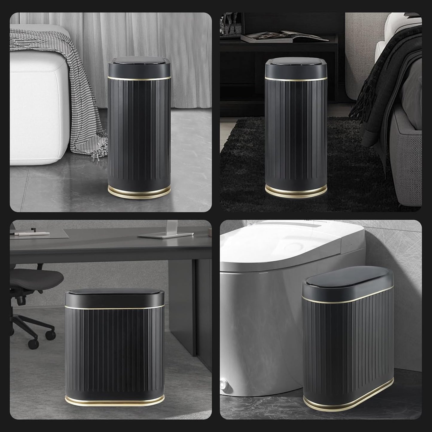 ELPHECO Bathroom Trash Can with Lid 2 Gallon Motion Sensor Garbage Can 7.5 Liter Small Trash can Touchless Bathroom Decor Waterproof Smart Waste Bin with Stripes for Bedroom, Office (Black-Golden)