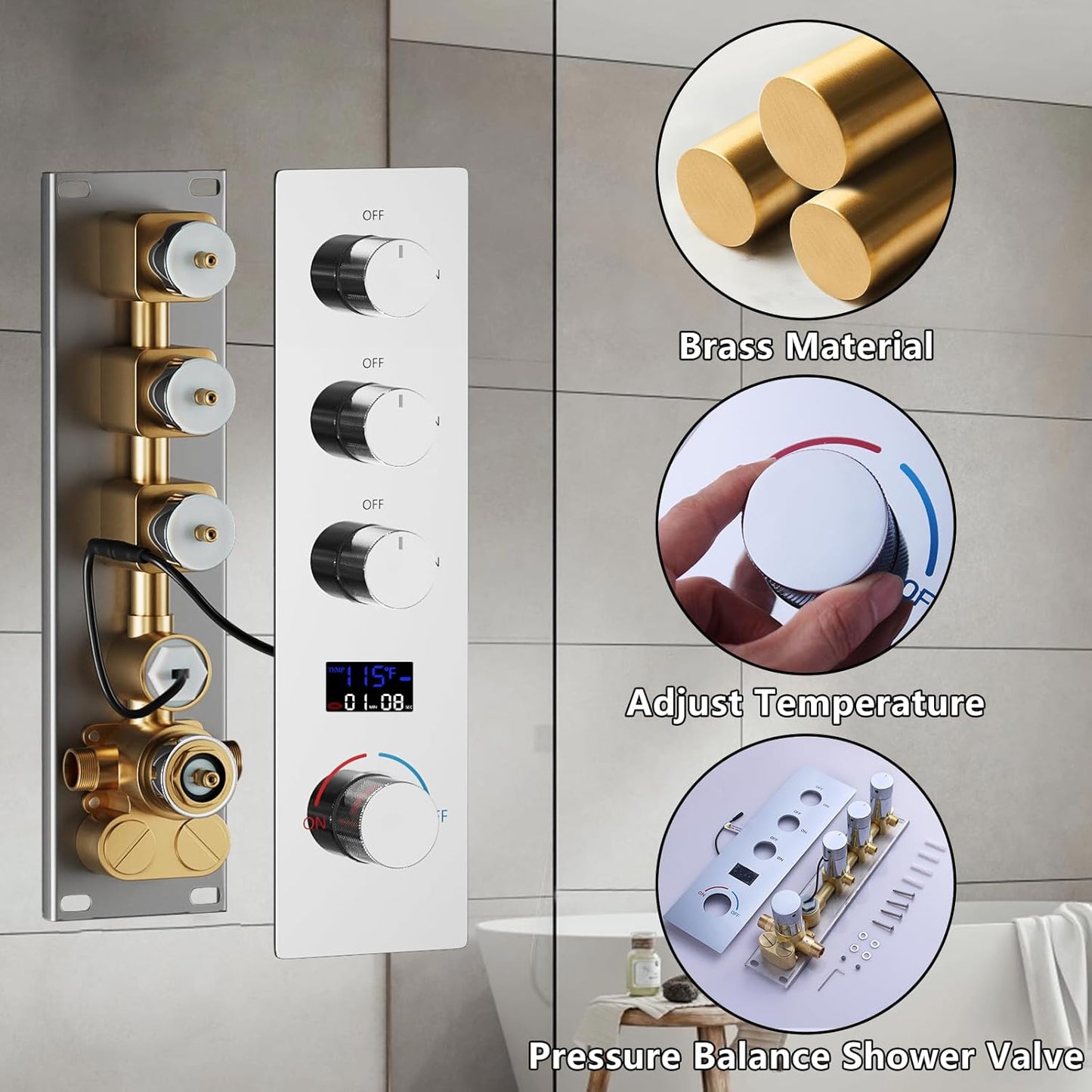 Brass Temperature Shower Diverter Valve Chrome 3 Way Outlets Concealed Digital Display Shower Mixer Valve Kit Bathroom Shower Diverter On Off Flow Control Replacement Valve