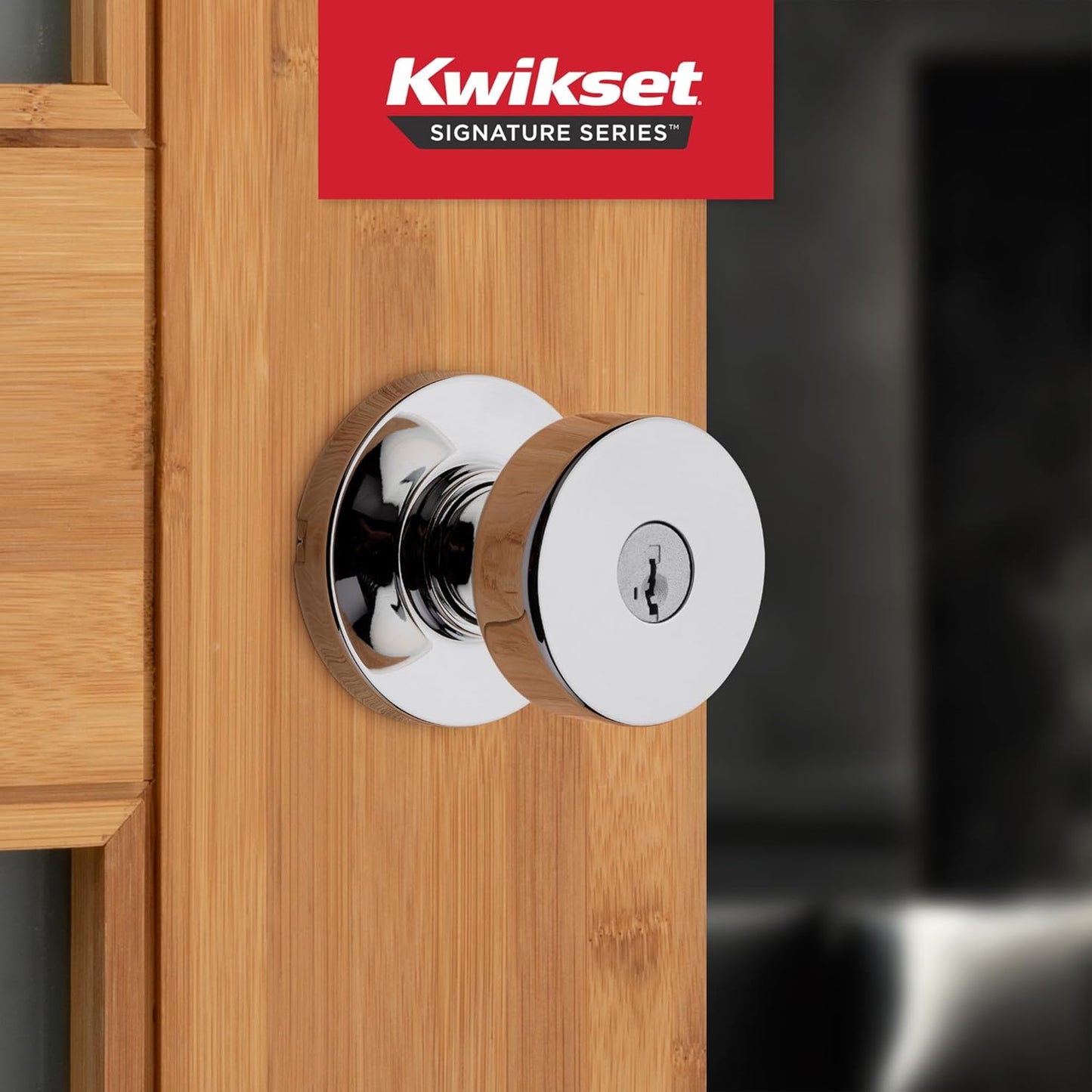 Kwikset Pismo Entry Door Knob with Lock and Key, Secure Keyed Handle Exterior Doorknob, Front Entrance and Bedroom, Polished Chrome, Pick Resistant SmartKey Rekey Security