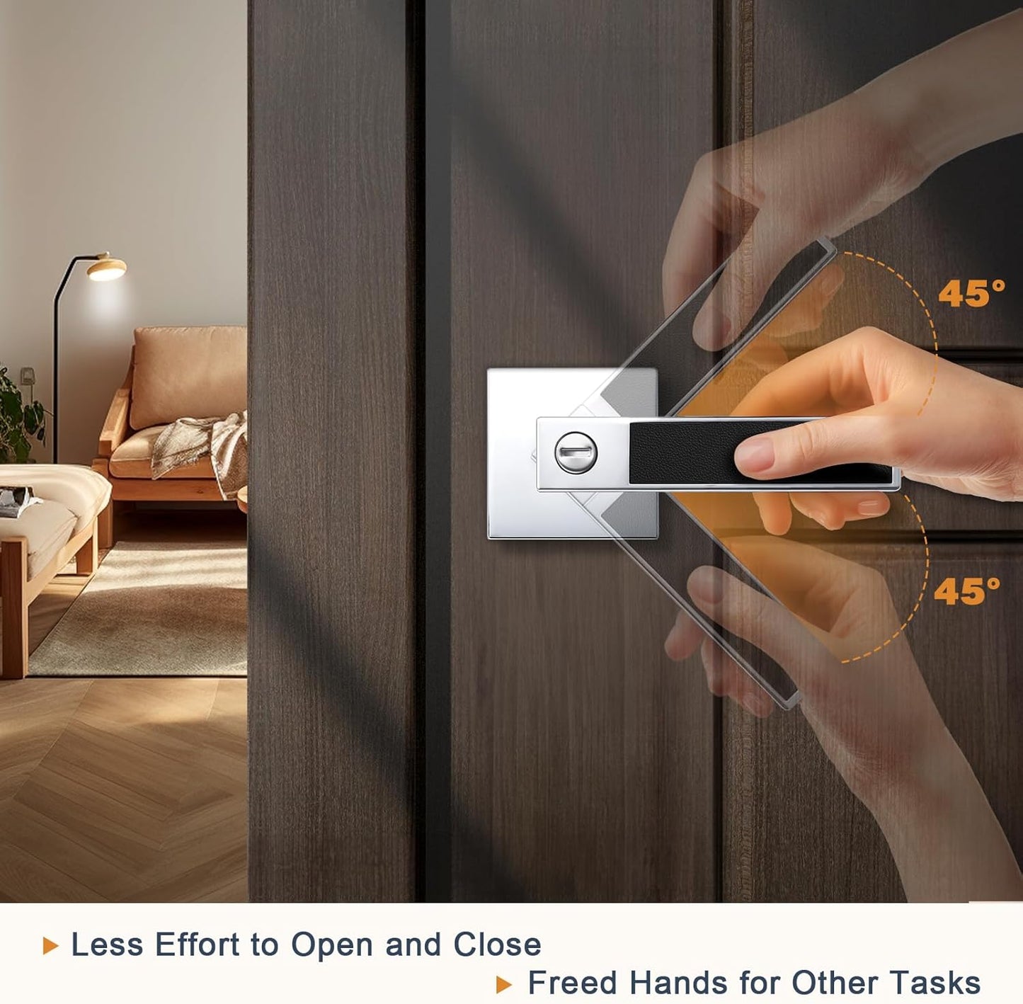 Probrico Square Heavy Duty Door Handle with Black Leather Hand Lever, Keyless Privacy Interior Door Levers for Bedromm and Bathroom, Polished Chrome, 2 Pack