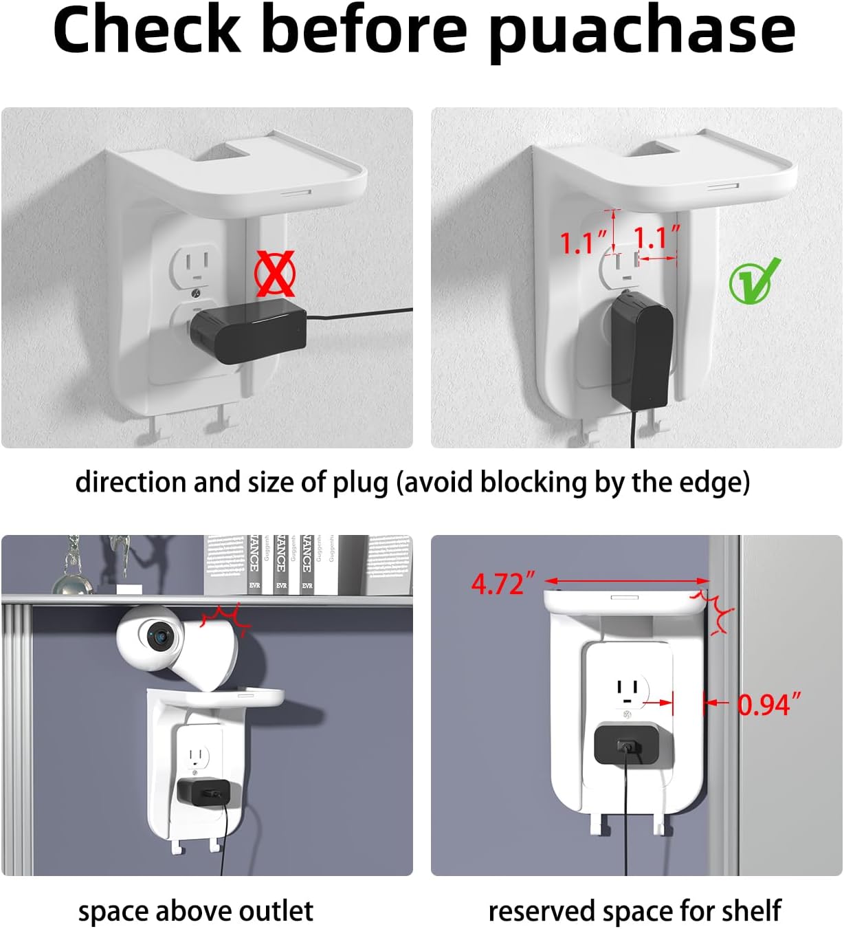 Suptek Wall Outlet Shelf 2 Pack,Home Wall Shelf Organizer for Outlets,Perfect for Bathroom, Kitchen, Bedrooms,Hold Cell Phone,Speaker up to 20lbs,With Cable Management and Detachable Hooks,White(S3W2)